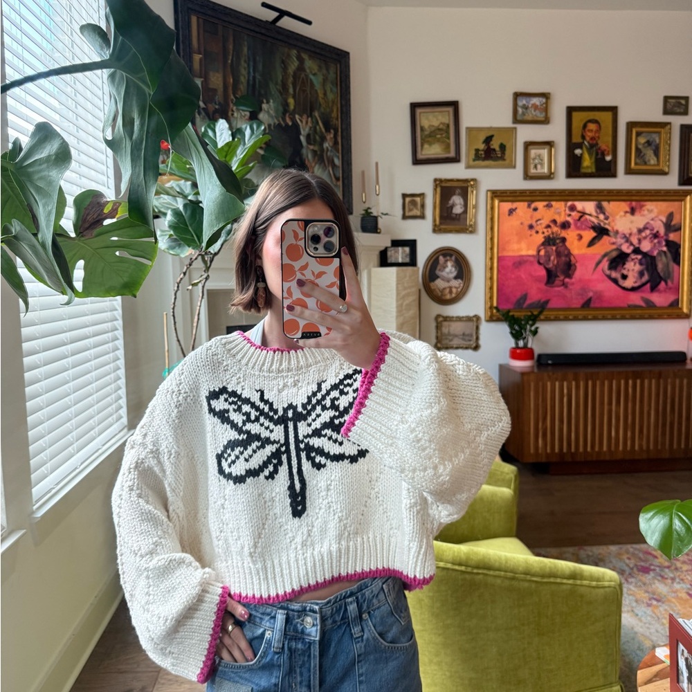 Free People White and Black Dragonfly Sweater